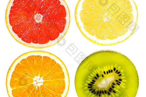 柑橘类水果集葡萄柚橙色猕猴桃柠檬孤立的白色背景