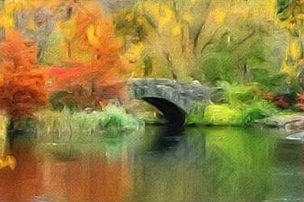 数字绘画全景视图石头桥池塘明亮彩色的树秋天一天