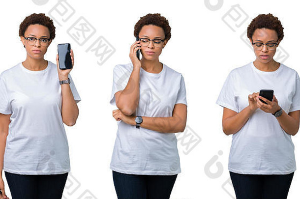 拼贴画年轻的非洲美国女人非洲式发型头发智能手机自信表达式聪明的脸思考