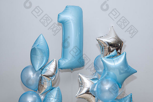 装饰年生日周年纪念日群gel-shaped蓝色的气球星星光背景象征快乐童年