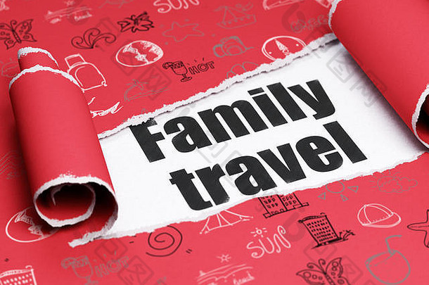 旅游概念黑色的文本家庭旅行一块撕裂纸