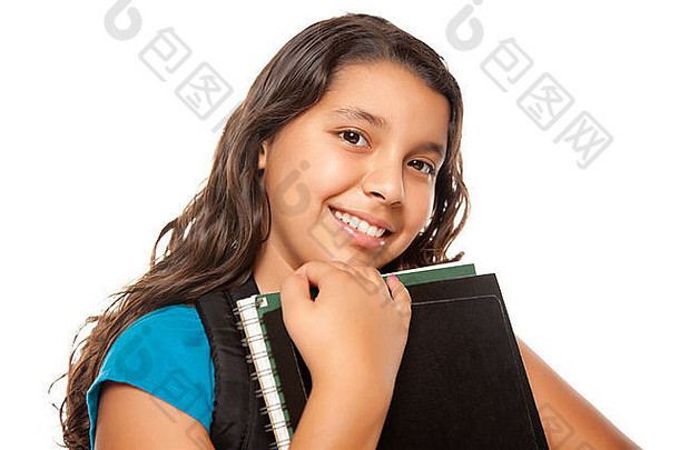 漂亮的拉美裔女孩书背包准备好了学校孤立的白色背景