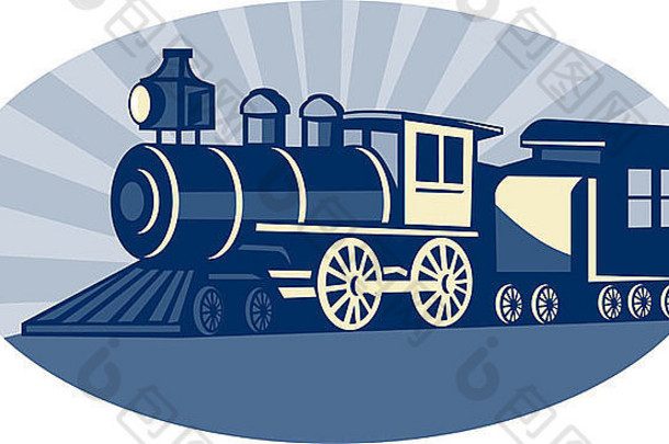 蒸汽火车机车插图一边视图集内部椭圆形