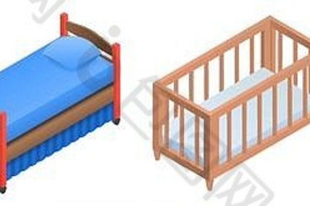 婴儿床图标集等角风格
