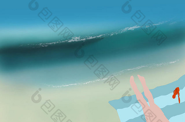 插图桑迪海滩阳伞行空中视图海洋波