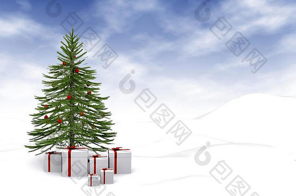 圣诞节树礼物白色雪景观