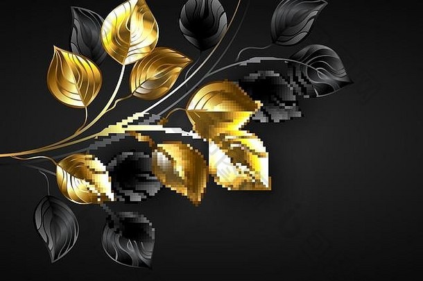 黑色的背景黄金黑色的树枝装饰黄金箔叶子