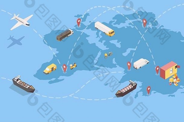 在世界范围内货物装运等角插图全球交付<strong>服</strong>务国际贸易路线运输意味着物流公司跨大西洋的运费航运