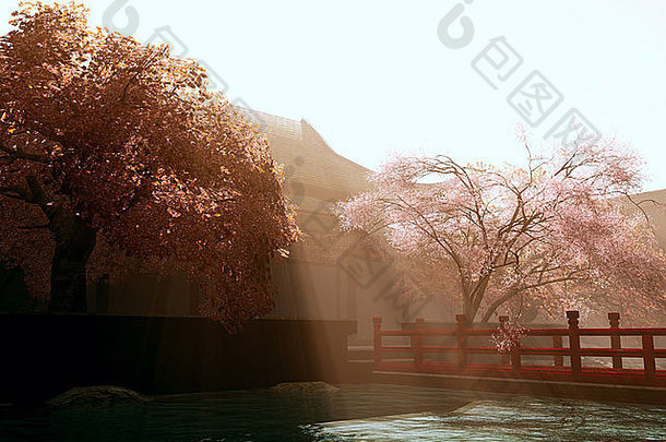 日本花园樱桃花朵树渲染