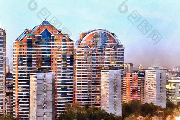 色彩斑斓的绘画公寓建筑晚上莫斯科俄罗斯