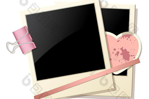 古董照片框架粉红色的心白色背景情人节一天