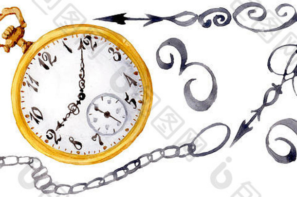 古董时钟口袋里看水彩背景插图集孤立的时钟插图元素