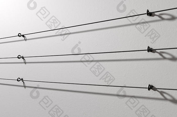 渲染白色墙钢电缆散落垂直向外伸展的图片
