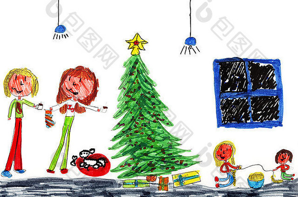 快乐家庭圣诞节树真正的圣诞节孩子艺术画真正的孩子!