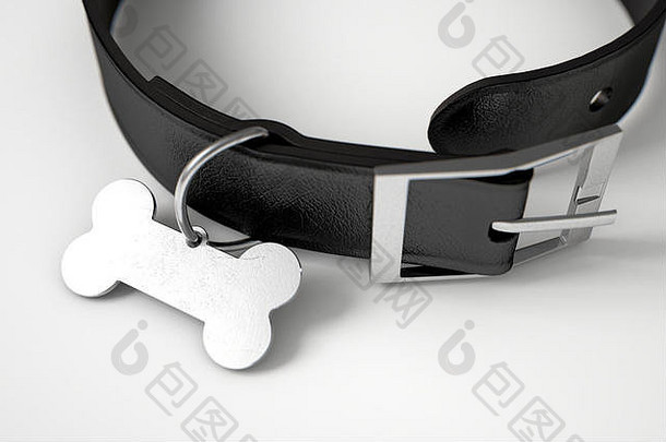 黑色的皮革狗领钢骨形状的识别标签孤立的白色工作室背景渲染