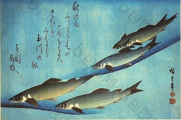 ayu鲇香鱼香鱼歌川hiroshige日本木板打印系列uozukushi各种鱼约