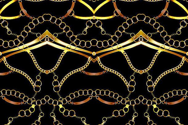 无缝的金链模式黑色的背景织物时尚的重复打印奢侈品现代黄金链纺织