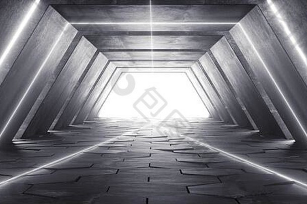 未来主义的sci现代复古的宇宙飞船俱乐部阶段黑暗空混凝土走廊<strong>隧道</strong>霓虹灯发光的白色灯平铺的地板上呈现插图