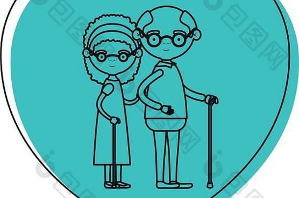 心形状问候卡漫画完整的身体上了年纪的夫妇拥抱祖父眼镜走坚持祖母弓<strong>花边</strong>卷曲的头发蓝色的水彩轮廓