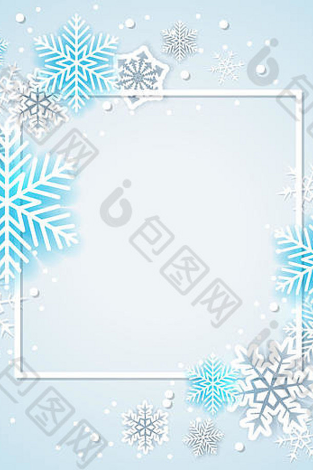 假期背景白色蓝色的雪花框架摘要圣诞节横幅
