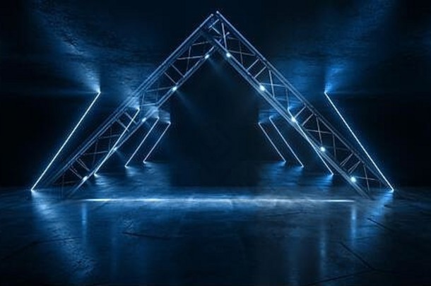 霓虹灯发光的三角形阶段蓝色的金属建设混凝土隧道走廊大厅工作室网络宇宙飞船复古的现代sci未来主义的激光使得