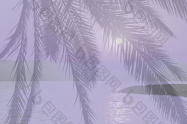 紫罗兰色的摘要棕榈树海洋景观日落复合马略卡岛西班牙