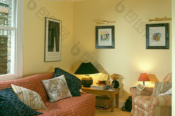 垫子有图案的红色的扔沙发苍白的黄色的年代生活房间