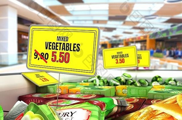 概念减少食物价格板折扣价格标签冰箱蔬菜渲染marcket背景