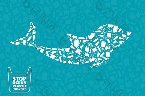 停止海洋塑料污染概念插图海豚海洋哺乳动物大纲填满塑料垃圾平图标防止海洋污染生态概念可持续发展的生活方式图形