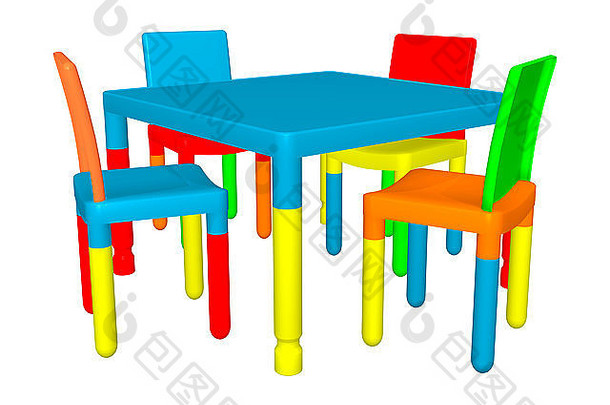 数字渲染色彩斑斓的学前教育表格椅子孤立的白色背景