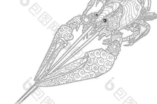 龙虾行艺术设计着色书华丽的zentangle小龙虾画