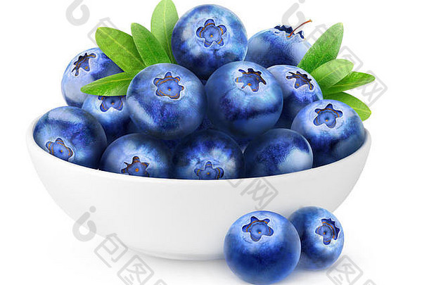孤立的蓝莓白色碗桩新鲜的蓝莓水果孤立的白色剪裁路径