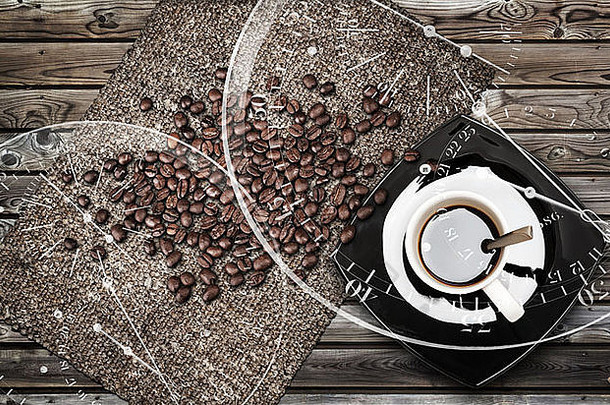 杯表示咖啡豆子帆布饱经风霜的木表格咖啡打破比喻插图