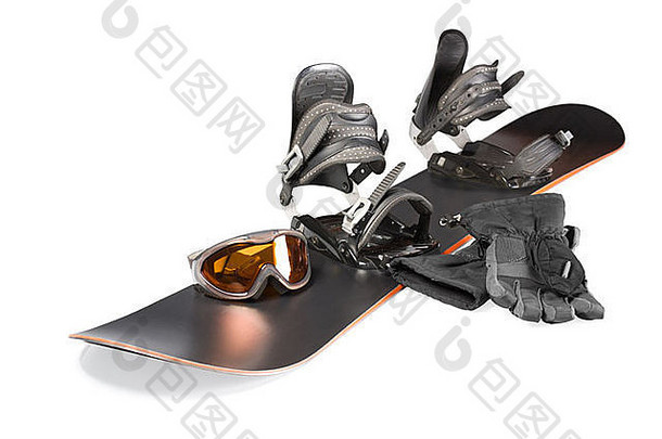 集设备滑雪董事会挂载鞋子眼镜手套孤立的白色背景