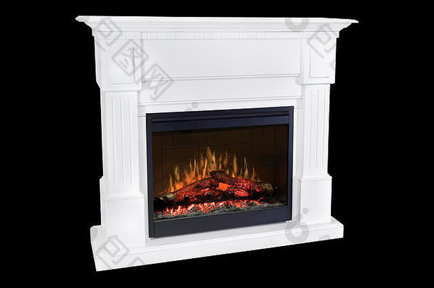 白色木燃烧壁炉咆哮的火焰经典优雅的设计孤立的黑色的背景剪裁路径包括壁炉一块