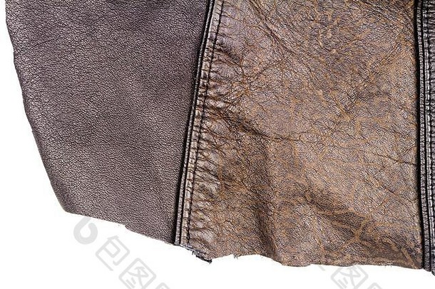 一块棕色（的）皮革孤立的白色背景皱巴巴的材料纹理