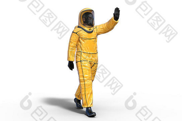 男人。穿保护有害物质西装挥舞着人类气体面具穿着生物危害装化学有毒保护呈现