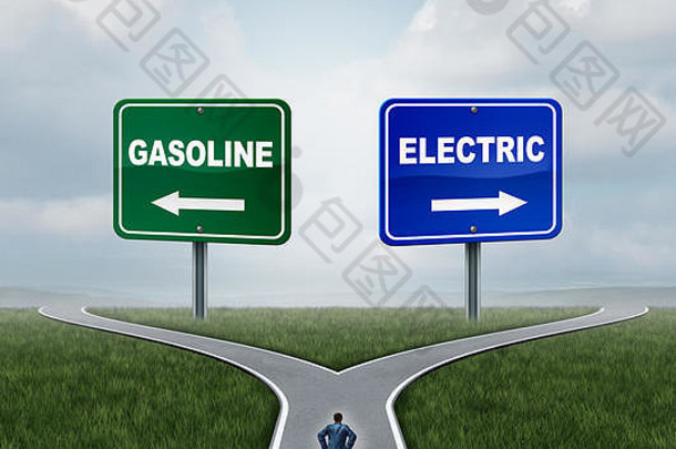 电汽油能源选择概念困惑人十字路口决定气体燃料权力电池权力