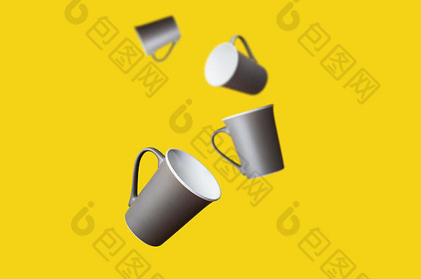 飞行概念集团黑暗棕色（的）灰色的瓷咖啡茶杯黄色的背景