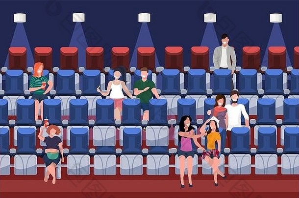 人看电影休闲字符吃快食物苏打水坐着座位现代电影室内平水平