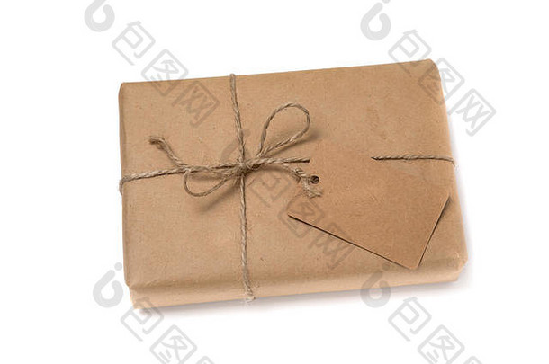 圣诞节一年礼物盒子包装卡夫纸空白礼物标签孤立的白色<strong>背景</strong>