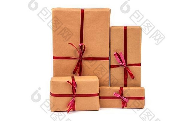 礼物盒子工艺包装纸红色的丝带孤立的