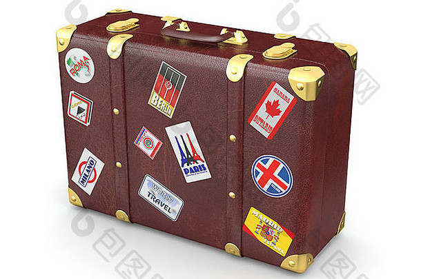 棕色（的）皮革手提箱旅行贴纸