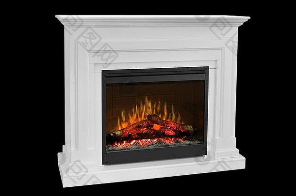 白色木壁炉咆哮的火焰经典优雅的设计孤立的黑色的背景剪裁路径包括壁炉一块家具
