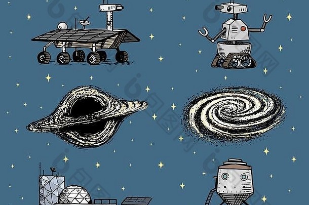 空间航天飞机黑色的洞星系机器人3月球探测器太空城殖民地宇航员探索刻手画草图古董风格标签飞行船火箭发射