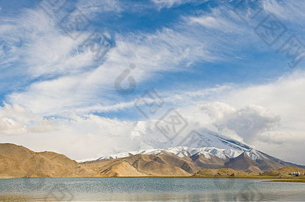 图片针全景景观视图湖仿羔皮卡拉库利黑色的湖孔古尔tagh背景