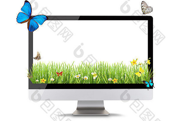 现代电脑显示春天草地蝴蝶概念春天购物技术前面视图