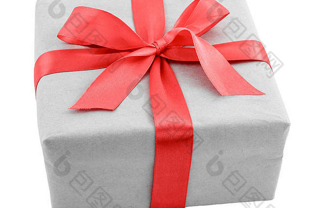 灰色礼物盒子红色的丝带弓孤立的白色背景