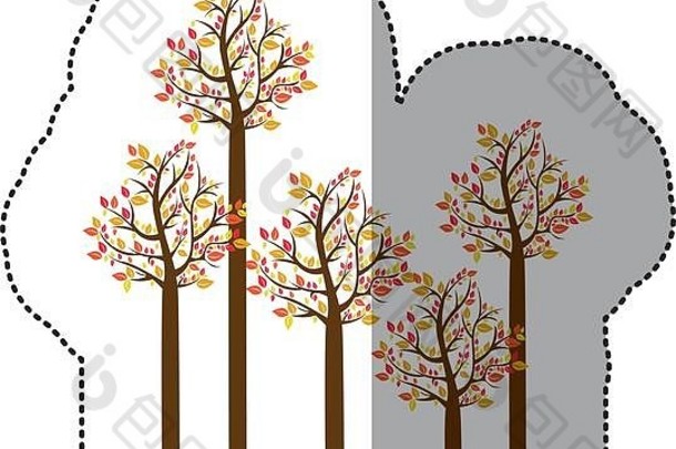 贴纸色彩斑斓的秋天树集集合