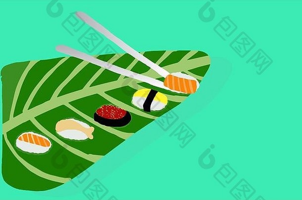 寿司筷子香蕉叶柔和的绿色背景